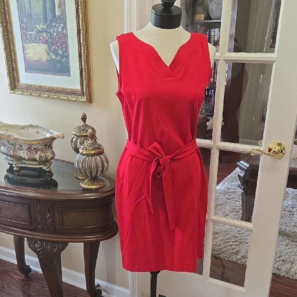 Talbots Vibrant Red Sleeveless Dress Vneck Stretch Belt Tie Back Zipper 10P NWOT